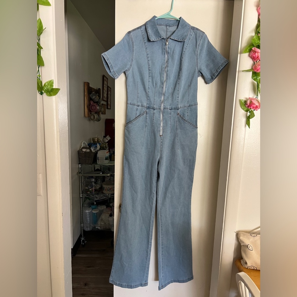 Zip Up Women's Light Blue Denim Jumpsuit